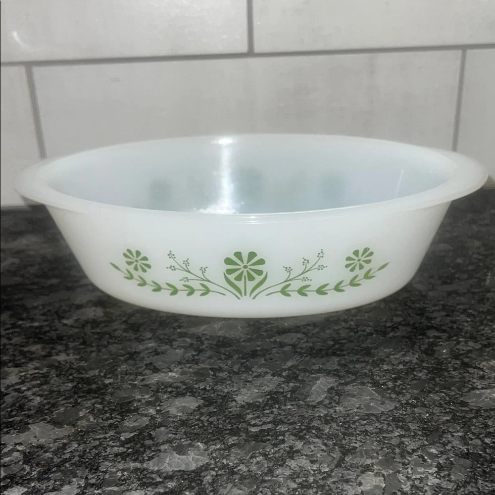 1qt Glassbake Vintage Floral Green and White Mixing Bowl